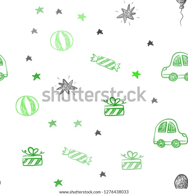 Light Green vector seamless\
layout in new year style. Shining illustration with a toy car,\
baloon, candy, star, ball. Template for new year\
postcards.
