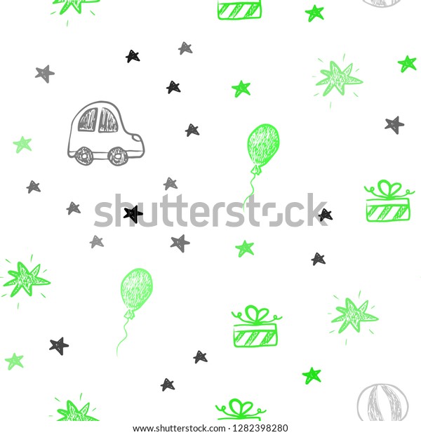 Light Green vector seamless layout in new\
year style. Design in xmas style with a toy car, baloon, candy,\
star, ball. Pattern for birthday\
gifts.