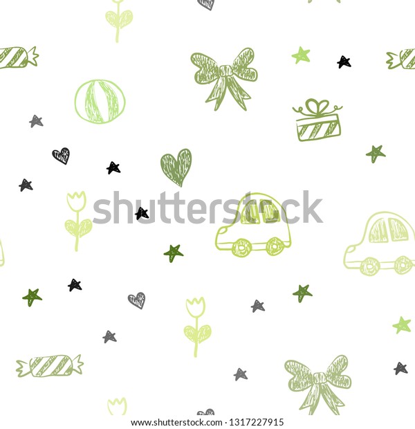 Light Green vector seamless layout with\
new year gifts. Design in xmas style with a toy car, heart, baloon,\
tulip, candy, ball. Pattern for new year\
ads.