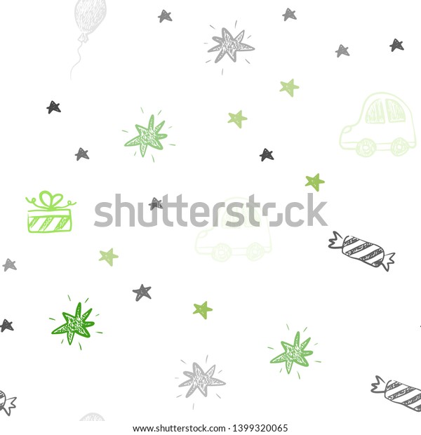 Light Green vector seamless\
layout in new year style. Abstract illustration with a toy car,\
baloon, candy, star, ball. Pattern for carnival, festival\
ads.
