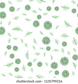 Light Green vector seamless natural backdrop with leaves and flowers. Colorful illustration in doodle style with leaves, flowers. Textured pattern for a website, banner.