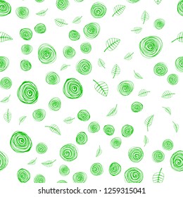Light Green vector seamless natural pattern with leaves and flowers. Decorative design in Indian style on white background. Template for business cards, websites.
