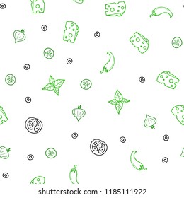 Light Green vector seamless pattern with fresh ingredients. Glitter abstract sketch with gourmet food. Template for meal cooking in kitchen.