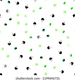 Light Green vector seamless pattern with coffee beans, cups. Gradient illustration with set of mugs, beans. Doodle design for your business advert of cafes.