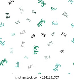 Light Green vector seamless pattern with 30, 50, 70 percentage signs. Gradient illustration with discount signs on white backdrop. Pattern for ads, posters, banners of sales.