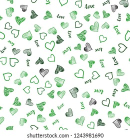 Light Green vector seamless pattern with phrase LOVE YOU, hearts. Design in doodle style with text LOVE YOU, hearts. Pattern for design of fabric, wallpapers.