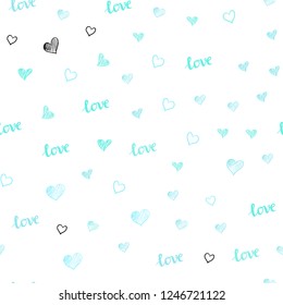 Light Green vector seamless pattern with phrase LOVE YOU, hearts. Illustration with words of love, hearts in abstract style. Template for business cards, websites.