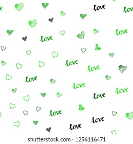 Light Green vector seamless pattern with phrase LOVE YOU, hearts. Illustration with phrase LOVE YOU, hearts for valentine's day. Pattern for design of fabric, wallpapers.