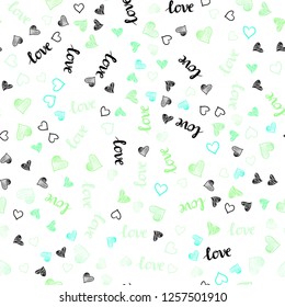 Light Green vector seamless pattern with phrase LOVE YOU, hearts. Colorful illustration with quote LOVE YOU, hearts. Texture for window blinds, curtains.