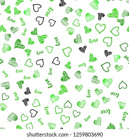 Light Green vector seamless pattern with phrase LOVE YOU, hearts. Illustration with words of love, hearts in abstract style. Texture for window blinds, curtains.