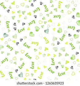 Light Green vector seamless pattern with phrase LOVE YOU, hearts. Design in doodle style with text LOVE YOU, hearts. Pattern for design of fabric, wallpapers.