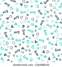 Light Green vector seamless pattern with phrase LOVE YOU, hearts. Design in doodle style with text LOVE YOU, hearts. Texture for window blinds, curtains.