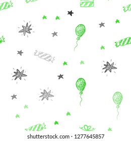 Light Green vector seamless pattern in christmas style. Shining illustration with a toy car, baloon, candy, star, ball. Pattern for carnival, festival ads.