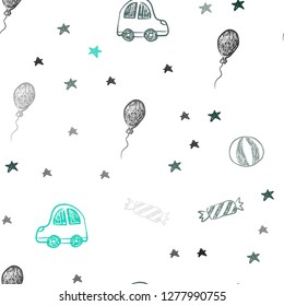 Light Green vector seamless pattern in christmas style. Colorful illustration with a toy car, baloon, candy, star, ball. Pattern for carnival, festival ads.