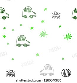 Light Green vector seamless pattern in christmas style. Colorful illustration with a toy car, baloon, candy, star, ball. Pattern for birthday gifts.