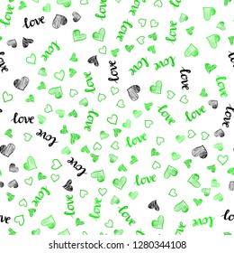 Light Green vector seamless pattern with phrase LOVE YOU, hearts. Design in doodle style with text LOVE YOU, hearts. Design for wallpaper, fabric makers.