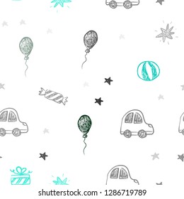 Light Green vector seamless pattern in christmas style. Abstract illustration with a toy car, baloon, candy, star, ball. Design for colorful commercials.