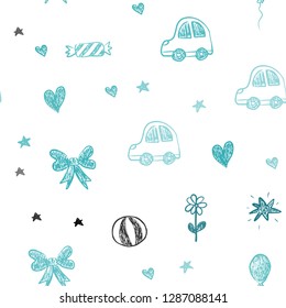 Light Green vector seamless pattern with christmas toys. Abstract illustration with a toy car, heart, baloon, tulip, candy, ball. Pattern for birthday gifts.