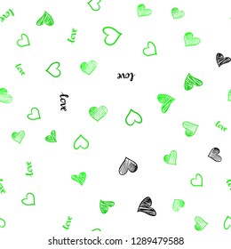 Light Green vector seamless pattern with phrase LOVE YOU, hearts. Illustration with words of love, hearts in abstract style. Design for wallpaper, fabric makers.