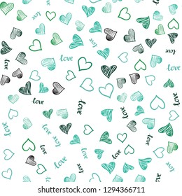 Light Green vector seamless pattern with phrase LOVE YOU, hearts. Illustration with words of love, hearts in abstract style. Design for wallpaper, fabric makers.