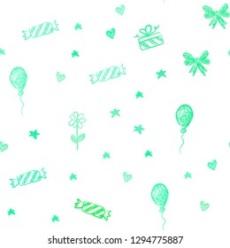 Light Green vector seamless pattern in christmas style. Design in xmas style with aheart, baloon, candy, gift, star, ribbon. Design for holiday adverts.