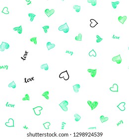 Light Green vector seamless pattern with phrase LOVE  , hearts. Colorful gradient phrase LOVE  , hearts in abstract style. Template for business cards, websites.