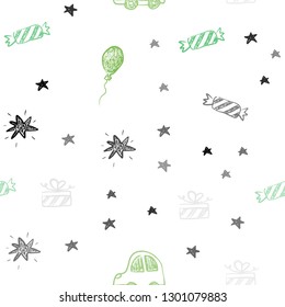 Light Green vector seamless pattern in christmas style. Abstract illustration with a toy car, baloon, candy, star, ball. Design for colorful commercials.