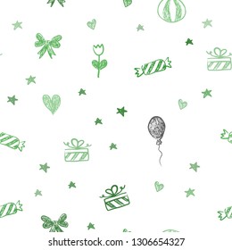 Light Green vector seamless pattern in christmas style. Colorful illustration with aheart, baloon, candy, gift, star, ribbon. Template for new year postcards.