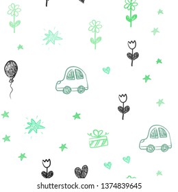 Light Green vector seamless pattern with christmas toys. Illustration with a colorful toy car, heart, baloon, tulip, candy, ball. Pattern for birthday gifts.