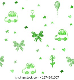 Light Green vector seamless pattern with christmas toys. Illustration with a gradient toy car, heart, baloon, tulip, candy, ball. Pattern for birthday gifts.