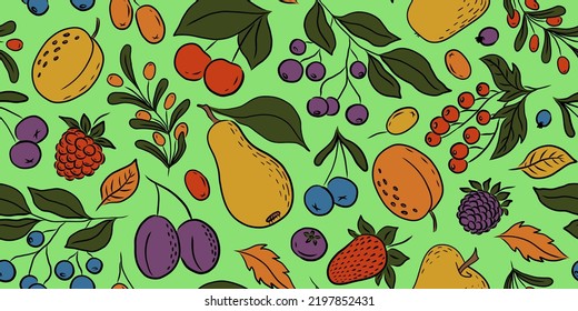 LIGHT GREEN VECTOR SEAMLESS PATTERN WITH COLORFUL FRUITS AND BERRIES