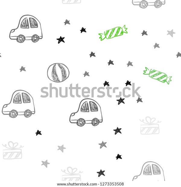 Light Green vector seamless pattern\
in christmas style. Abstract illustration with a toy car, baloon,\
candy, star, ball. Design for colorful\
commercials.