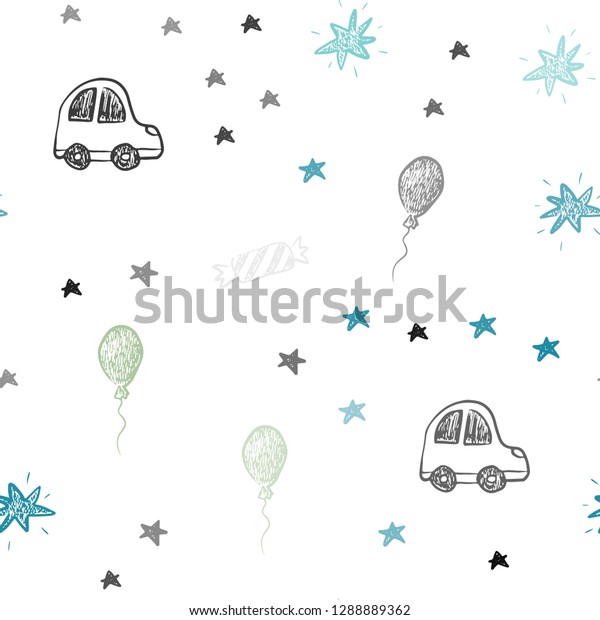 Light Green vector seamless pattern in\
christmas style. Colorful illustration with a toy car, baloon,\
candy, star, ball. Pattern for birthday\
gifts.
