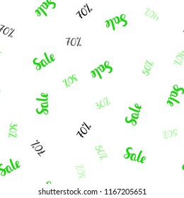 Light Green vector seamless template with 30%, 40%, 50%, 70% selling. Illustration with signs of sales on abstract template. Pattern for ads, posters, banners of sales.