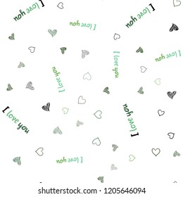 Light Green vector seamless template with doodle hearts. Decorative shining illustration with hearts on abstract template. Template for Valentine's greeting postcards.