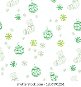 Light Green vector seamless template with ice snowflakes, balls, socks, mittens. Shining colorful illustration in christmas style. Template for business cards, websites.