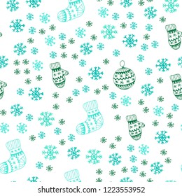 Light Green vector seamless template with ice snowflakes, balls, socks, mittens. Colorful illustration with xmas symbols. Pattern for design of fabric, wallpapers.