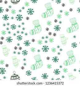 Light Green vector seamless template with ice snowflakes, balls, socks, mittens. Colorful xmas elements with gradient. Template for business cards, websites.