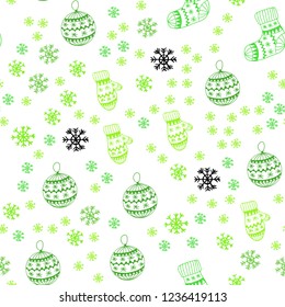 Light Green vector seamless template with ice snowflakes, balls, socks, mittens. Colorful illustration with xmas symbols. Pattern for trendy fabric, wallpapers.