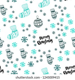 Light Green vector seamless template with ice snowflakes, balls, socks, mittens. Glitter abstract illustration with gradient. Texture for window blinds, curtains.
