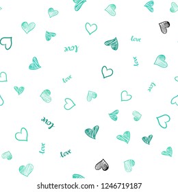 Light Green vector seamless template with text LOVE YOU, hearts. Design in doodle style with text LOVE YOU, hearts. Design for wallpaper, fabric makers.