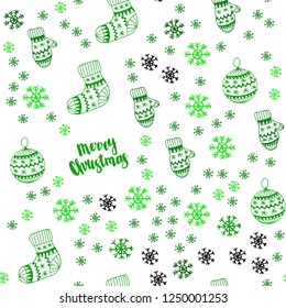 Light Green vector seamless template with ice snowflakes, balls, socks, mittens. Colorful decorative design in xmas style. Design for textile, fabric, wallpapers.