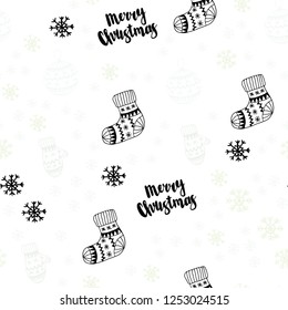 Light Green vector seamless template with ice snowflakes, balls, socks, mittens. Shining colorful illustration in christmas style. Pattern for trendy fabric, wallpapers.