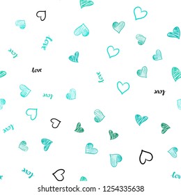Light Green vector seamless template with text LOVE YOU, hearts. Illustration with phrase LOVE YOU, hearts for valentine's day. Pattern for design of fabric, wallpapers.