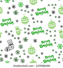 Light Green vector seamless template with ice snowflakes, balls, socks, mittens. Shining colorful illustration in christmas style. Design for wallpaper, fabric makers.