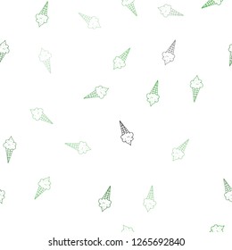 Light Green vector seamless template with tasty ice-cream. Illustration with set of delicious sweet ice-cream cones. Doodle design for your business advert of cafes.