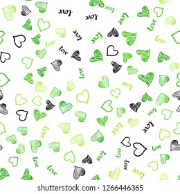 Light Green vector seamless template with text LOVE YOU, hearts. Design in doodle style with text LOVE YOU, hearts. Template for business cards, websites.