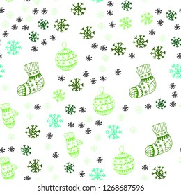Light Green vector seamless template with ice snowflakes, balls, socks, mittens. Modern geometric abstract illustration. Texture for window blinds, curtains.