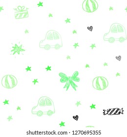 Light Green vector seamless template with carnival elements. Design in xmas style with a toy car, heart, baloon, tulip, candy, ball. Design for holiday adverts.