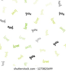 Light Green vector seamless template with text LOVE YOU. Decorative illustration with words of love in abstract style. Template for business cards, websites.